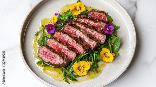Gourmet short plate steak plated with delicate edible flowers and salad greens