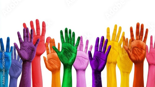 Vibrant array of diverse, colorful painted hands raised in a united expression of creativity and inclusion against a white background
