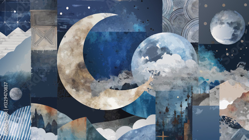 Mixed media collage of an artistic new moon in navy and silver, reflecting the start of a new year with vintage and modern elements, layered textures, and hand-drawn illustrations  