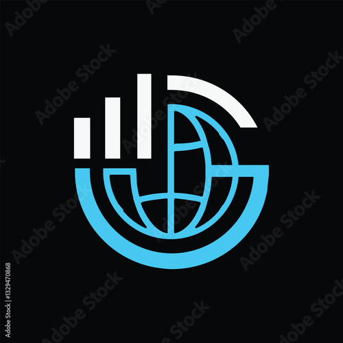 The image shows a flat logo design of an initial letter G in blue color with globe and graph bar that looks clean and sharp on a black background