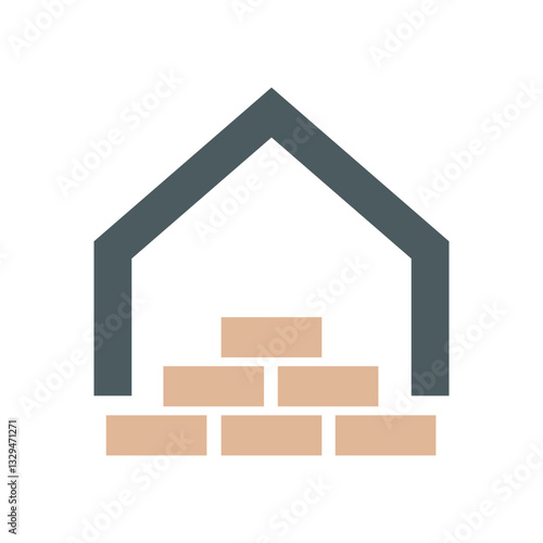 The image shows a flat logo design of a house with bottom half made of layered brick in brown color on a white background