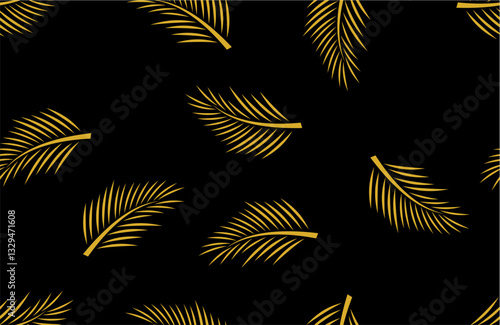 seamless pattern with gold palm leaves on black background. palm tree leaves seamless pattern.