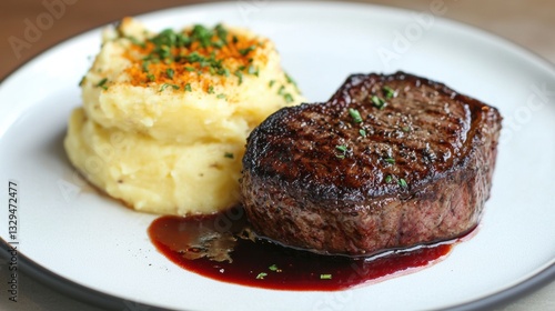 Seared steak dinner plated with a savory saffron infused potato puree