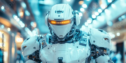A futuristic white robot stands confidently in a vibrant, illuminated space. This image captures advanced technology in a sleek design. Perfect for tech enthusiasts and futuristic themes. AI