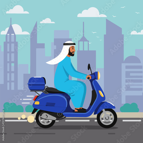 Man Riding Blue Scooter Through City with Buildings in Background