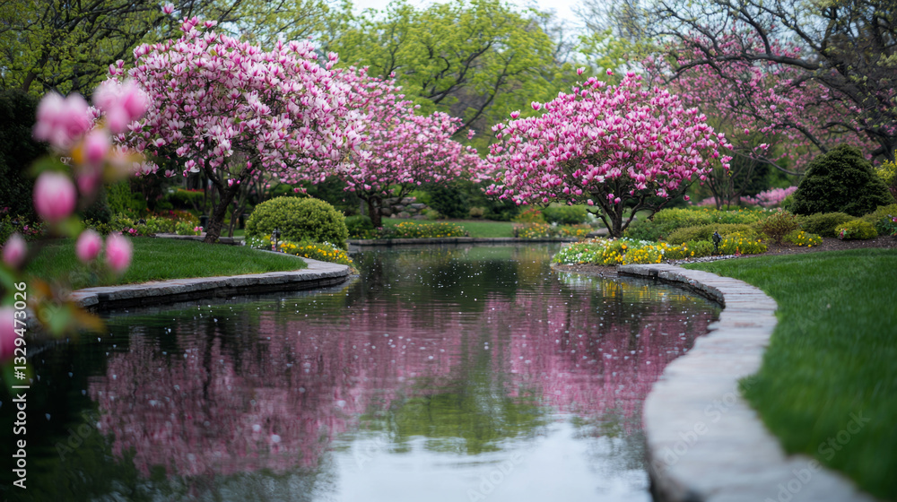 Spring blossoms reflect on serene garden pond surrounded by greenery Spring blossoms reflect on serene garden pond surrounded by greenery