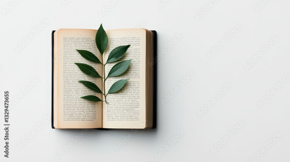 Fototapeta premium An open book with green leaves elegantly placed on the pages, creating a harmonious blend of nature and literature