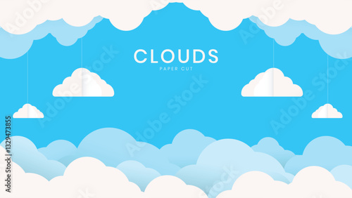 Beautiful paper cut clouds background with blue sky, layered cloud effects, and hanging clouds. Perfect for wallpapers, posters, banners, and creative design projects.