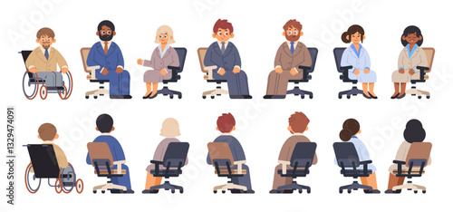 Diverse multiracial business people group sitting in office chairs front and back view. Vector characters set on isolated background
