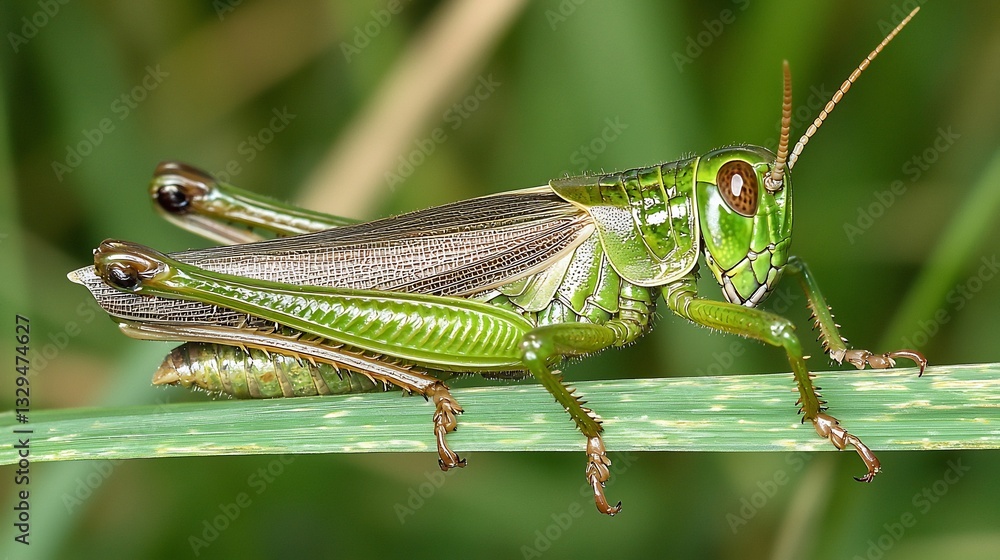 Close up of grasshopper resting on a blade of grass displaying its strong hind legs detailed exoskeleton and segmented eyes Close up of grasshopper resting on a blade of grass displaying its strong hind legs detailed exoskeleton and segmented eyes