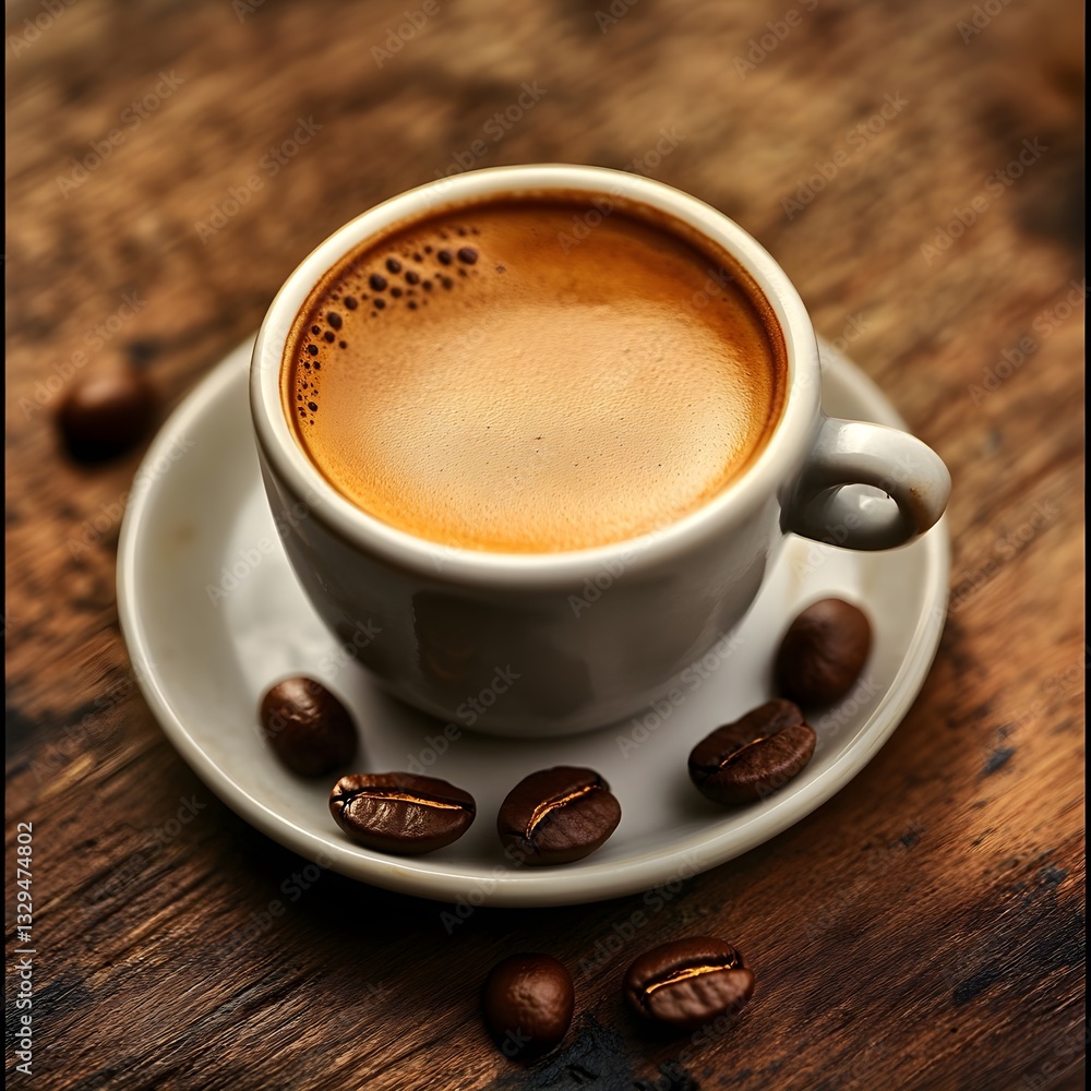 Espresso on a wooden table with coffee beans next to it Espresso on a wooden table with coffee beans next to it