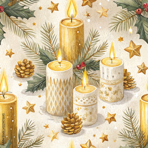 Seamless festive candles background in luminous golds and soft whites, capturing the warmth of the holiday spirit with an inviting and celebratory mood  