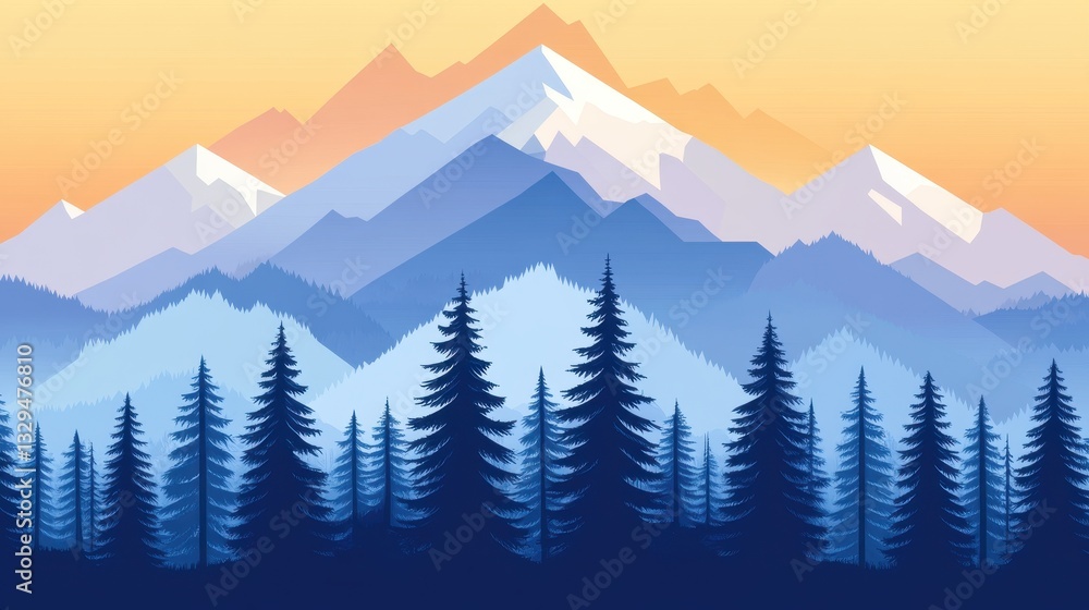 Fototapeta premium Majestic Mountain Range at Sunrise: A Serene Winter Landscape of Pine Trees and Snow-Capped Peaks