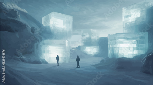 The image depicts a digitally rendered landscape dominated by a city composed of large, translucent, ice-like or crystalline structures.  The structures vary in size and shape, appearing somewhat