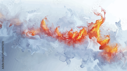 The image shows an abstract composition of swirling fire and smoke.  The flames are predominantly orange and yellow, rendered with a soft, almost painterly quality. The smoke is depicted in shades
