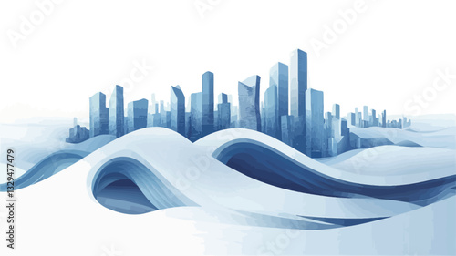 The image is a digital illustration depicting a stylized cityscape situated atop abstract, flowing waves.  The buildings are rendered in shades of blue and are simplified in form, lacking detailed