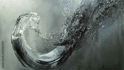 A high-resolution close-up image depicts a monochrome abstract swirl of water. The water appears to be in motion, creating a dynamic and flowing pattern.  The grayscale palette consists primarily