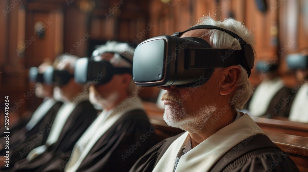 Judges participate in virtual reality trial simulating augmented judiciary procedures for improved legal outcomes