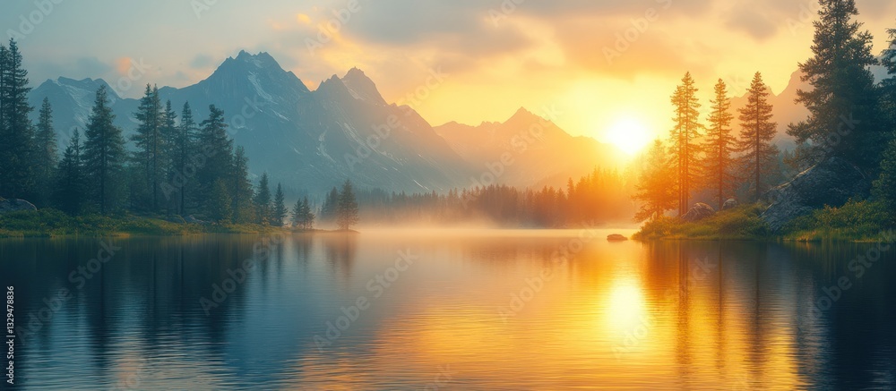 Fototapeta premium Serene mountain lake at sunrise.