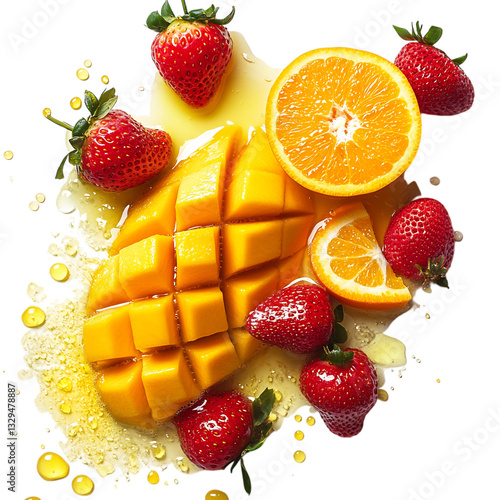 Fresh Mangoes Oranges and Strawberries Scattering Isolated on Transparent Background
