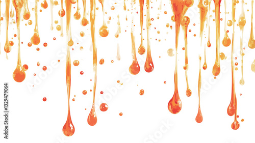 Close-up shot of a viscous, amber-colored liquid dripping down against a stark white background. The liquid exhibits varying thicknesses, creating strands and droplets of different sizes.  The