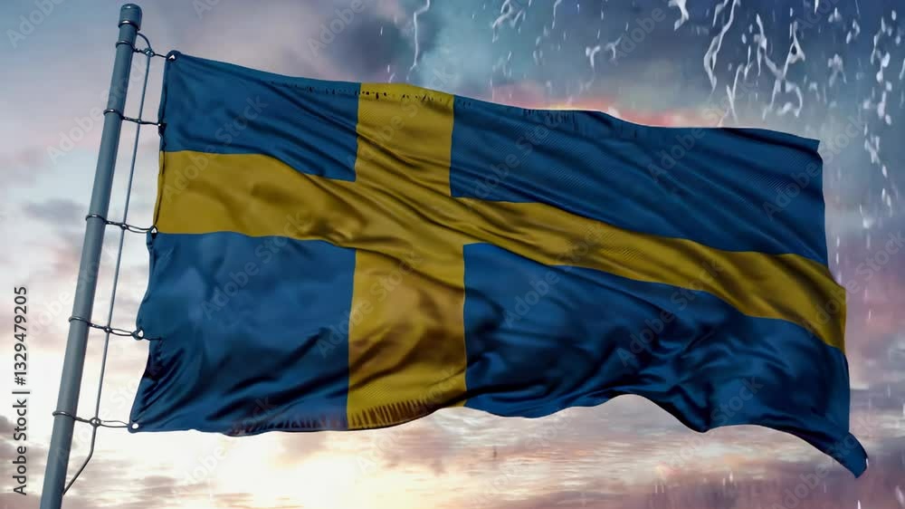 Vibrant swedish flag under dynamic skies: wind, rain, and resilience displayed in high definition