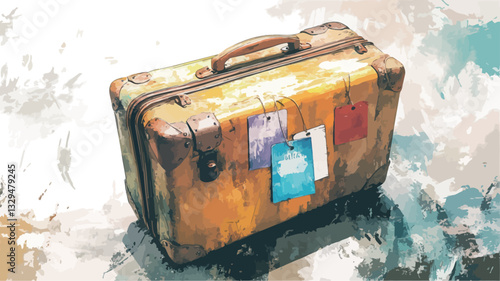 A high-angle, close-up shot of a vintage suitcase. The suitcase is rectangular with a slightly worn and faded yellow-tan exterior. It has a brown leather handle and several small luggage tags