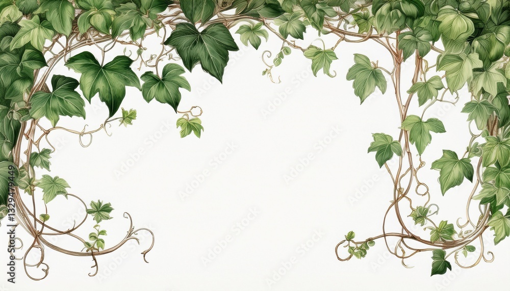 Fototapeta premium Delicate ivy vines wrapping around the edges, creating a vintage botanical style on a white background.