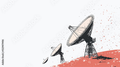 The illustration depicts three satellite dishes of varying sizes positioned on a reddish-orange landscape suggestive of Mars. The largest dish is in the foreground, angled slightly upward. Smaller