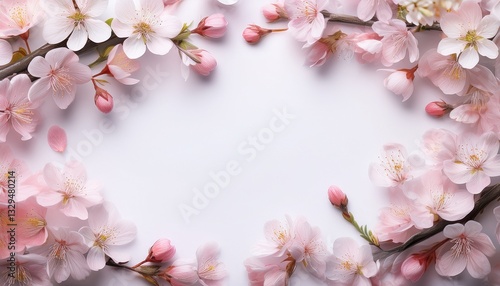 Wallpaper Mural Delicate cherry blossom branches framing the edges, with soft pink tones, creating a serene and graceful look on a white background.
 Torontodigital.ca