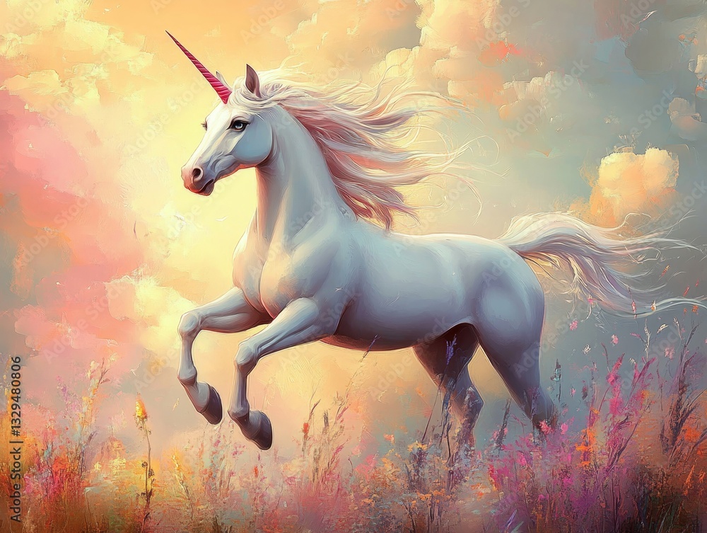 Naklejka premium a unicorn with a horn standing with a beautiful sky.
