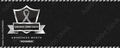 Black and white striped ribbon awareness graphic for International Carcinoid Tumor Cancer Awareness Month banner.