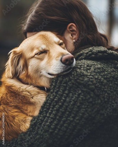 A person hugging their golden dog with peaceful affection and emotional warmth