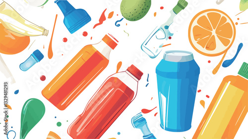 A digitally created illustration featuring a seamless pattern of various colorful bottles of juice, a cocktail shaker, sliced orange and avocado, banana peel, and splashes of liquid on a white