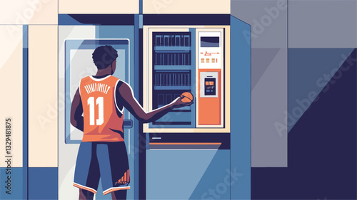 A stylized vector illustration depicting a basketball player in an orange jersey with the number 11, viewed from behind, using a vending machine. The scene is rendered in a flat, minimalist style