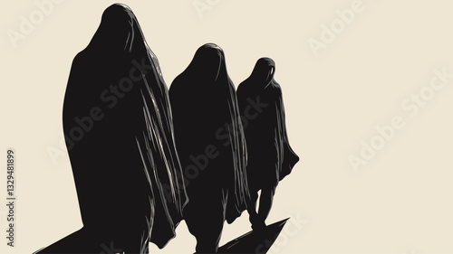 The image is a monochrome photograph depicting three human figures from the knees up. The figures are entirely covered in dark, shapeless garments, creating a silhouette effect against a light