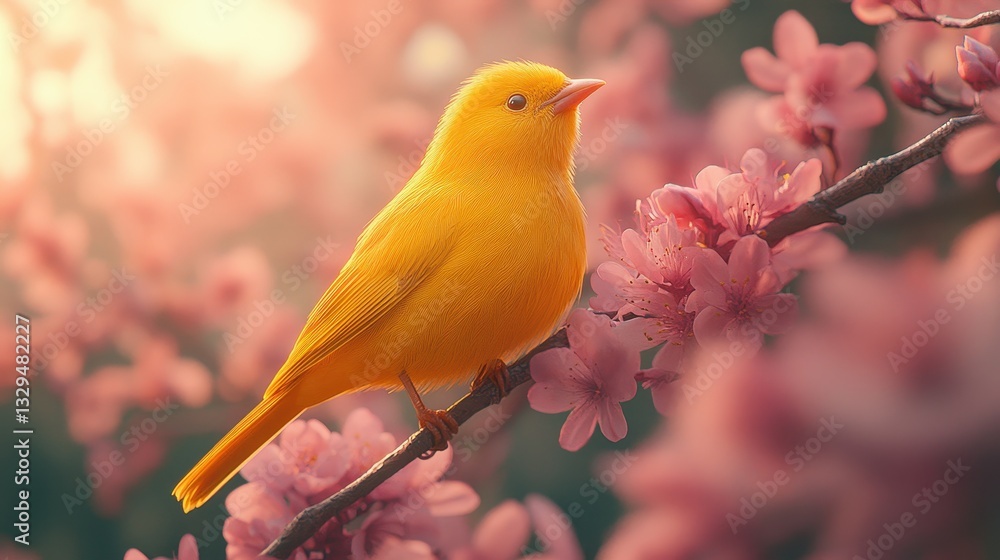 Golden bird on pink blossoms at sunrise, spring nature scene, peaceful background, perfect for cards Golden bird on pink blossoms at sunrise, spring nature scene, peaceful background, perfect for cards
