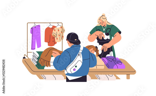 People shopping on sale, make purchases in clothes store. Customers choose outfits on shelf to buy. Buyers make choice of garments, try dress. Flat isolated vector illustration on white background