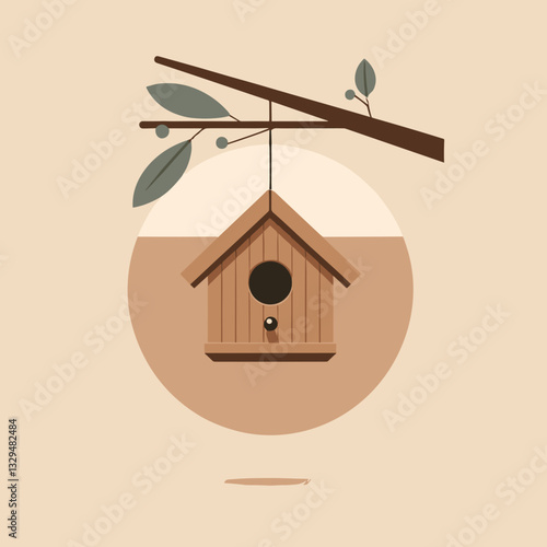 Minimalist birdhouse hanging from a branch with leaves in a simple and clean design
