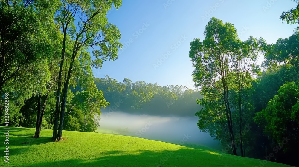 Verdant lawn and trees overlook valley shrouded in morning mist Verdant lawn and trees overlook valley shrouded in morning mist
