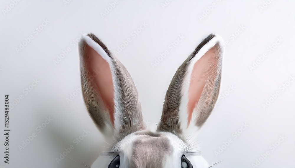 Fototapeta premium Cute bunny ears poking from the top corners, with subtle shadows, creating an adorable and playful design on a white background. 
