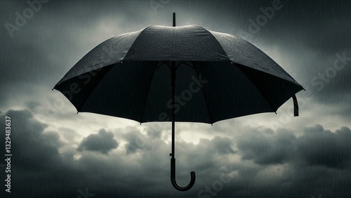 Black umbrella in a stormy rainy scene