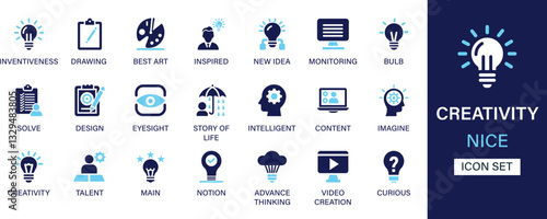 Creativity icon set collection. Inventiveness, drawing, best art, inspired, new idea, monitoring, bulb, solve, design, content and best solid icon set.