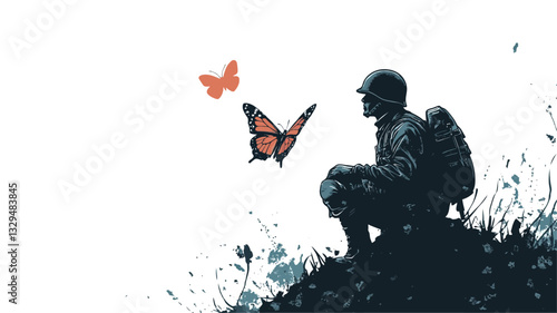 The image is a vector illustration depicting a stylized silhouette of a soldier in a crouching position, observing two butterflies. The soldier is rendered in dark blue-grey tones, with a backpack