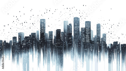 The image is a digital illustration depicting an abstract cityscape.  The skyline is composed of various heights and shapes of buildings rendered in shades of dark blue and grey against a white
