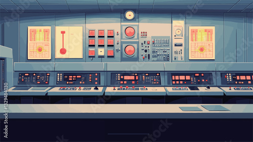 The image shows a detailed illustration of a retro-styled control room panel.  The color palette is primarily muted blues and greys, accented with warm orange-red hues on certain buttons and