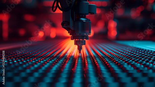 A close-up of a precision robotic tool working on a textured surface, illuminated by dramatic red and blue lights, showcasing advanced technology in action.