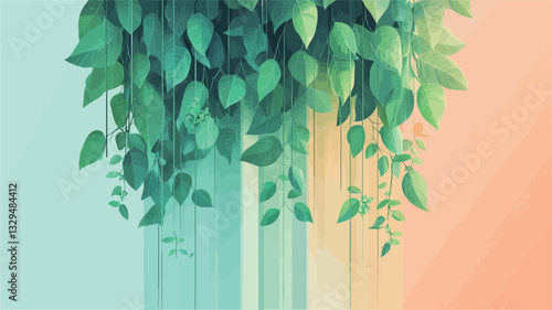 Digital illustration depicting a cluster of vibrant green leaves cascading downwards against a backdrop of vertical pastel stripes. The background transitions from a teal hue at the left to a peach