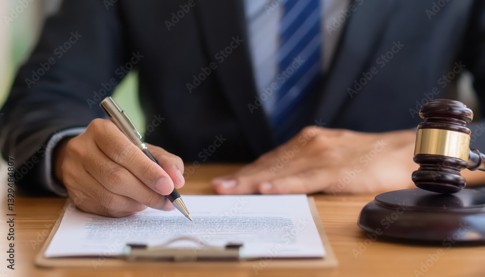 A professional signing a legal document with a gavel in the foreground, symbolizing justice and law. A professional signing a legal document with a gavel in the foreground, symbolizing justice and law.