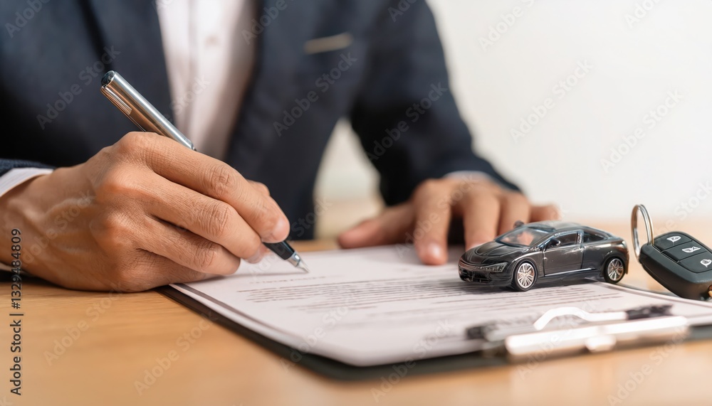 Fototapeta premium A professional signing a contract with a miniature car and keys on the table, symbolizing automotive deals.